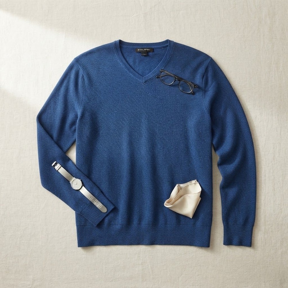 Banana Republic V-Neck Sweater Mens M Blue Silk Cashmere Luxury Quiet Luxury